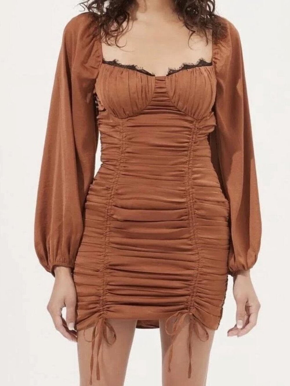 ASTR the Label Mardi Lace Trim Ruched Sweetheart Mini Dress Bronze M